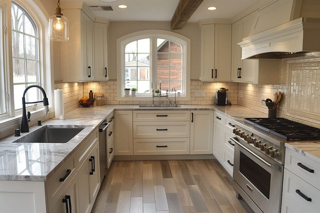 A modern kitchen with white cabinets, marble countertops, stainless steel appliances, and light wood flooring showcases expert kitchen installations. A fruit bowl and coffee maker sit on the counters beneath a large window over the sink.